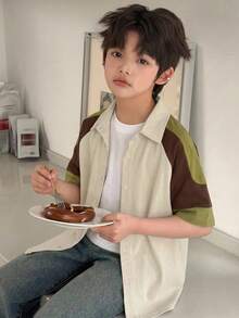 Dazy Kids 男童撞色插肩短袖单排扣休闲宽松T恤 夏季 - 卡其色 - 查看 6