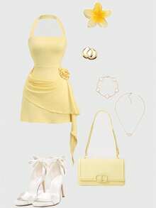Qadelle Women's Solid Color 3D Floral Decor Pleated Design Halter Mini Dress - Yellow - View 3