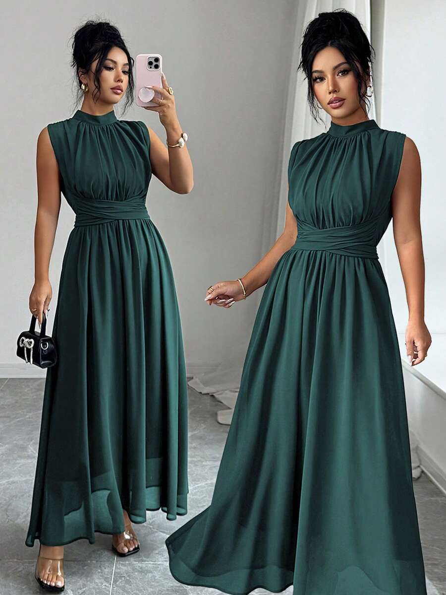 Elenzga Vestido Longo Feminino de Verão/Primavera, Estilo Francês Romântico da Sicília, Elegante e Casual, Ideal para Passeio, Férias, Chá da Tarde, Cor Sólida em Chiffon, Gola Alta, Solto, Amarração Cruzada na Cintura, Linha A, Laço, Sem Mangas, Forrado - Verde Escuro - Visão 1