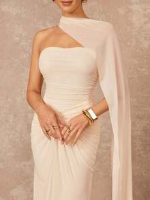 Lumalex VITNOS 秋冬新款高端优雅奶油黄简约时尚露背（可拆卸亮片）胸前荷叶边下摆网纱透明鱼尾连衣裙，适合约会、度假、派对、婚礼、伴娘活动、晚礼服 - 杏色 - 查看 6