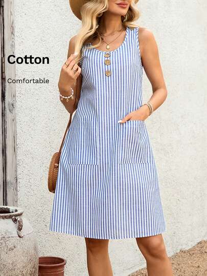EMERY ROSE Vestido casual de mujer con diseño de botones, cuello redondo, sin mangas, a rayas y con bolsillo