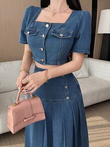 DAZY Women's Casual Washed Square Collar Faux Pocket Puff Sleeve Shirt And A-Line Denim Skirt Set, Summer - Medium Wash - View 4