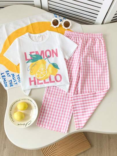 SHEIN Playful Pals Young Girl' Casual Knit Set, Lemon Print Short Sleeve Top Paired With Plaid Pants, 2pcs Outfit Suitable For Spring/Summer Wear, Home, Outings, Gatherings