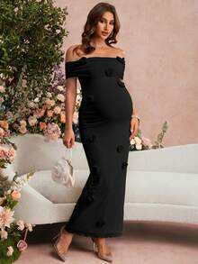 SHEIN Maternity Solid Color Off-Shoulder Fitted Fashionable Summer Dress - Black - View 3