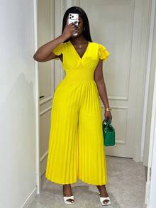 Xyvia 女士优雅精致V领无袖收腰褶裥连体裤 - 黃色 - 查看 5