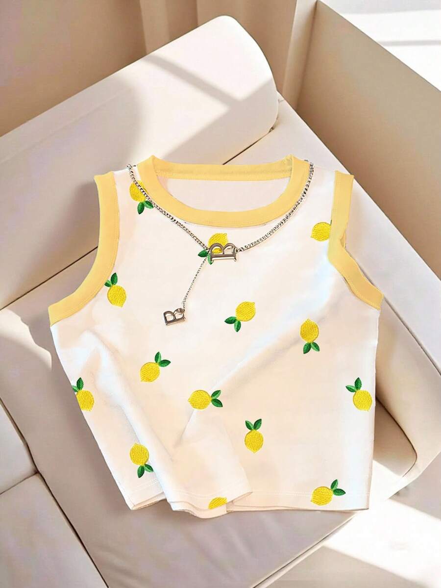 SHEIN LUNE Tank Top Kasual Serbaguna Wanita Motif Lemon dengan Kerah Bulat - MultiWarna - View 1