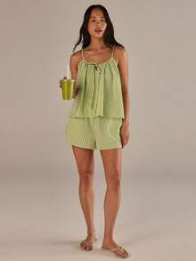 Athîral 女士格子时尚吊带背心和短裤两件套 - 綠色 - 查看 3