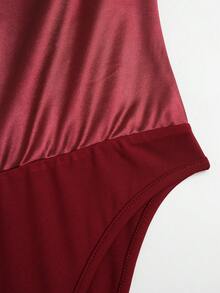 Franclia Elegant Bodysuit, Stretch Satin Bodysuit With Glossy Finish, Bow Shoulder Bodysuit, Everyday Bodysuit - Burgundy - View 5