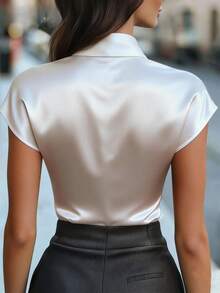 SHEIN Áo sơ mi ngắn tay mùa hè thanh lịch, cổ buộc nơ, chất liệu poplin satin, màu trắng, dáng rộng, phù hợp cho đi làm, công sở, dự tiệc, hẹn hò, phong cách xuân/hè. Áo sơ mi satin nữ, áo sơ mi lụa nữ, áo kiểu nữ, áo kiểu thanh lịch, áo kiểu nữ trang trọng, áo sơ mi nữ mùa hè. - trắng - Xem 3