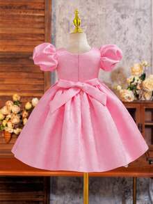 SHEIN Glamorique Kids 女童碎花腰部蓬蓬薄纱连衣裙，优雅派对礼服，泡泡袖设计，适合所有季节 - 粉色 - 查看 2