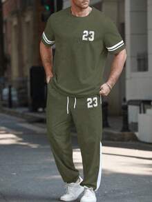Manfinity Homme Plus Size Men's Numeric Print Short Sleeve T-Shirt And Shorts Casual Set - Olive Green - View 3