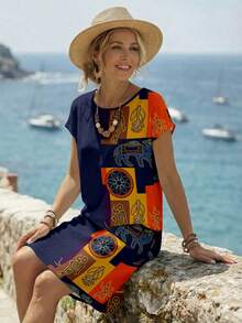 EMERY ROSE Casual Minimalist Vacation Printed Women Short Dress - Multicolor - View 3