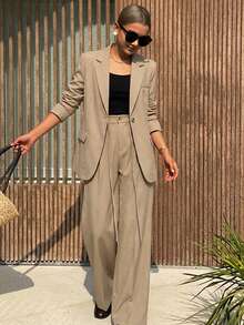 DAZY 1 Set Women V-Neck Blazer & Pants Suit Business Attire - Khaki - View 3