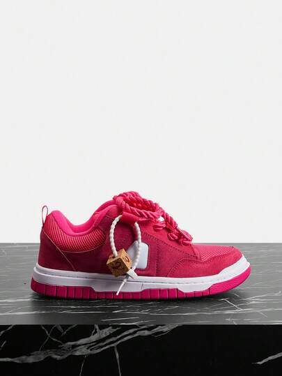 Vate Pink Casual Platform Sneakers For Women, Thick Sole Breathable Mesh, Rope Laces, Unique Wooden Decor, Versatile Streetwear, Daily Commute