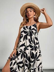 SHEIN VCAY Plus Size Women Floral Print Ruched Casual Party Slip Dress - Black - View 6