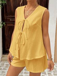 SHEIN Bộ đồ bầu không tay cổ chữ V buộc dây, kiểu dáng tối giản, màu trơn, gồm 2 món. - Màu vàng - Xem 3