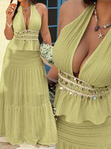 Sunnyshic Plus Size Women Sexy Backless Bohemian Style Shell Decor Camisole, Apricot - Yellow - View 1