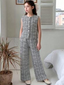 Hapijoa 少女休闲格子单排扣背心和裤子套装，夏季 - 黑與白 - 查看 5