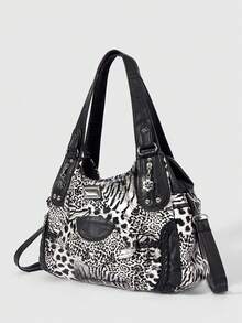 ROMWE Grunge Punk 时尚豹纹女包 女士单肩包 休闲手提包 朋克火车头女包 辣妹包 - 黑與白 - 查看 2