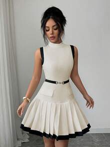 Elenzga Robe sans manches à col montant en tissu tressé avec ceinture à la taille, garniture plissée, ourlet évasé, élégante pour le bureau/décontractée, style vintage, couleur abricot, longueur courte, printemps/été - Multicolore - Voir 5