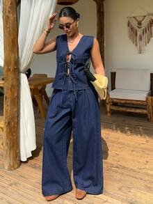 Dazy Plus Dark Washed Denim 2 Pieces Set, Backless Tie-Up Round Neck Sleeveless Denim Top And Loose Straight Leg Long Denim Pants, Spring/Summer - Dark Wash - View 6