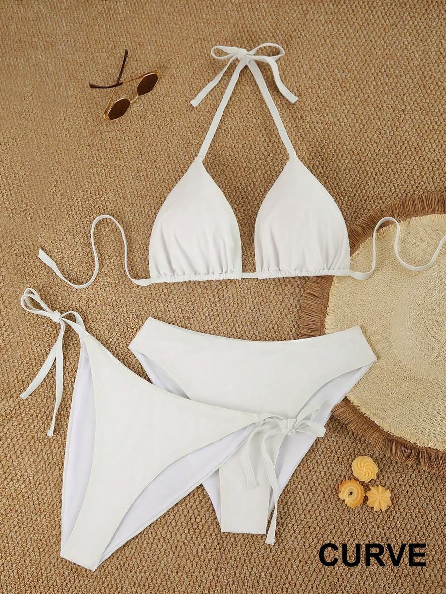 Swim Vcay Bộ bikini 3 mảnh màu trơn gợi cảm, thanh lịch dành cho nữ cỡ lớn, kiểu dáng bohemian, cổ yếm, tam giác, thích hợp cho kỳ nghỉ hè ở bãi biển. - trắng - Xem 1