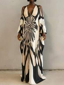 BamGlimmer Spring New Design, Large Silhouette, Floral Print, Loose V-Neck, Long Dress For Women. Fashionable For A Vacation, Romantic And Lively For A Holiday Party Or Gathering. Kimono Dress Butterfly Abaya African Dresses For Women Caftan Dress Kaftans For Women - Multicolor - View 3