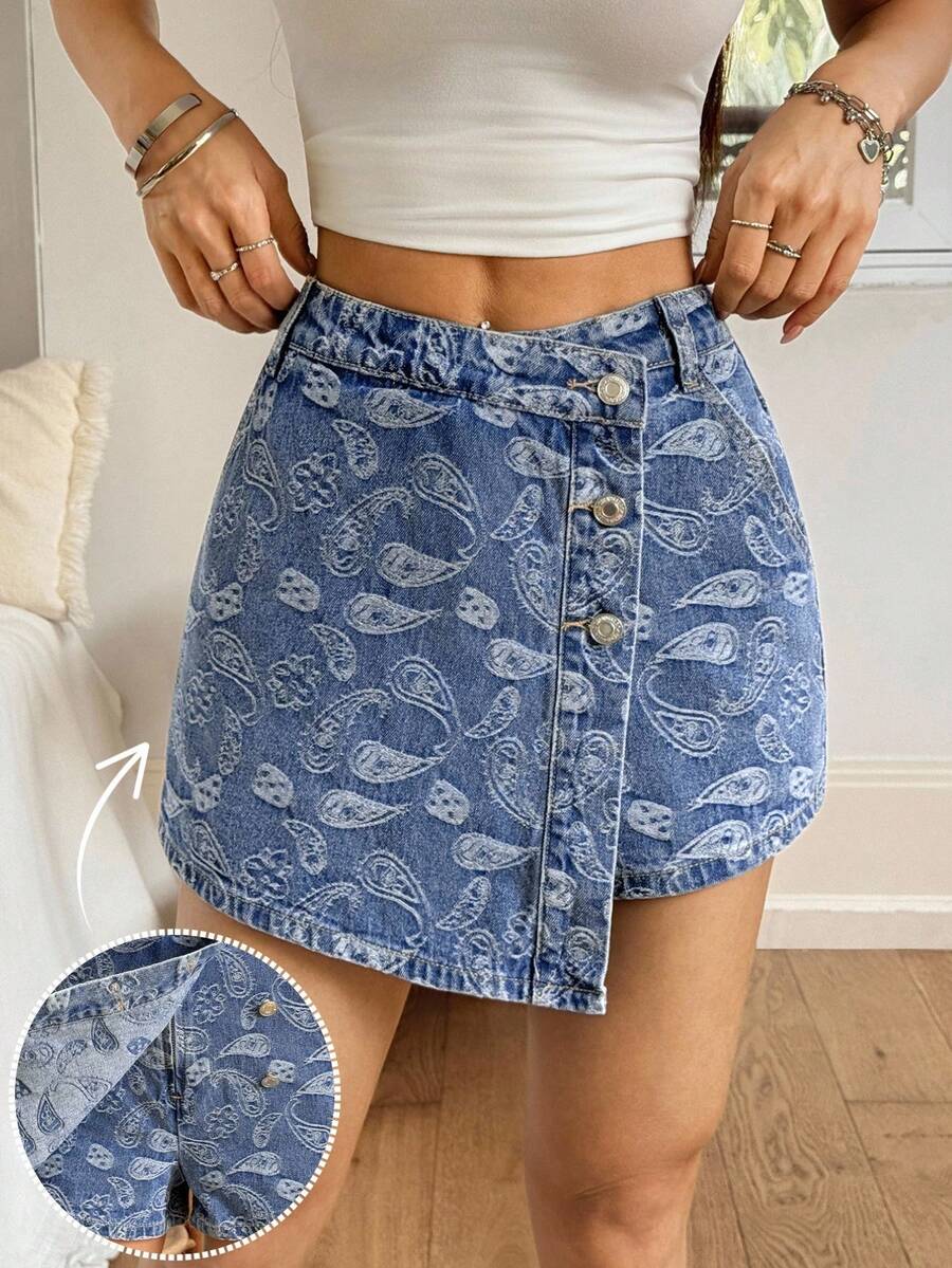 Rivivi Váy denim nữ kiểu dáng thường ngày, họa tiết Paisley, cài một hàng khuy, thích hợp cho kỳ nghỉ hè và đi làm. - Rửa trung bình - Xem 1
