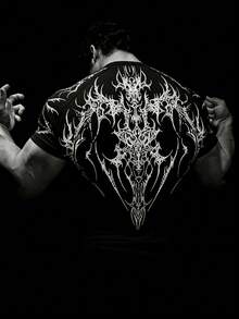 RISE LYT 男士哥特印花圆领插肩短袖运动T恤 男士图案T恤 骷髅头T恤 纹身T恤 万圣节运动服 紧身衣 - 黑色 - 查看 3