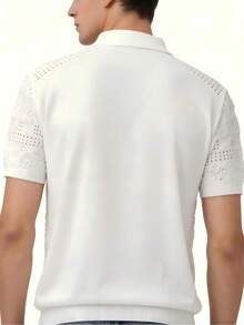Manfinity Homme Men's Casual Solid Color Hollow-Out Knit Short Sleeve Cardigan, Spring/Summer - Beige - View 2