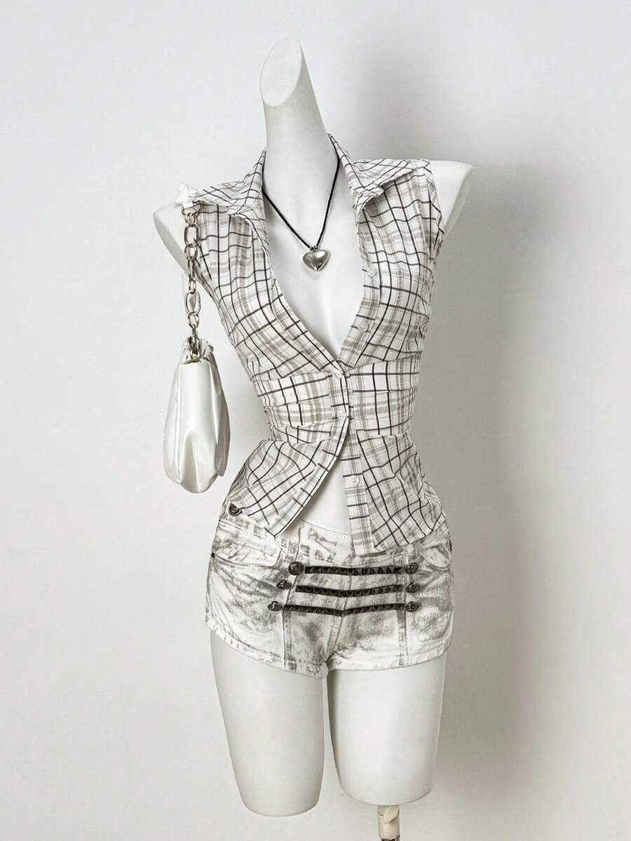 Flirla Women's Sexy Chic Minimalist Plaid Shirt, Suitable For Commuting In Summer - Apricot - View 1