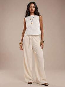 SHEIN Forever 21 白色刺绣女士提花圆领无袖宽松休闲上衣，适合夏季春季穿着，也适合节日、海滩、休闲度假等场合。这款上衣优雅大方，适合春假、通勤、日常休闲、商务/秋季穿着，也适合返校、教师、外出、休闲通勤、度假等场合。这款上衣是夏季女士上衣的理想之选。 - 白色 - 查看 6