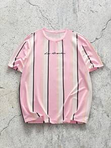 EVRINFINITE Men Striped & Letter Graphic Short Sleeve Tee, Vacation, Boyfriend Gift, Summer,Summer Soccer Jersey - Multicolor - View 1