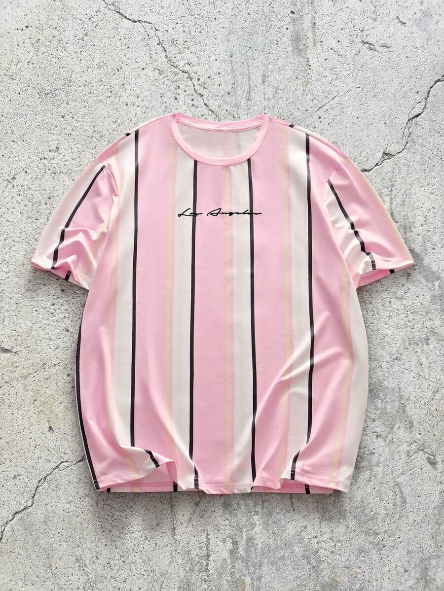 EVRINFINITE Men Striped & Letter Graphic Short Sleeve Tee, Vacation, Boyfriend Gift, Summer,Summer Soccer Jersey - Multicolor - View 1