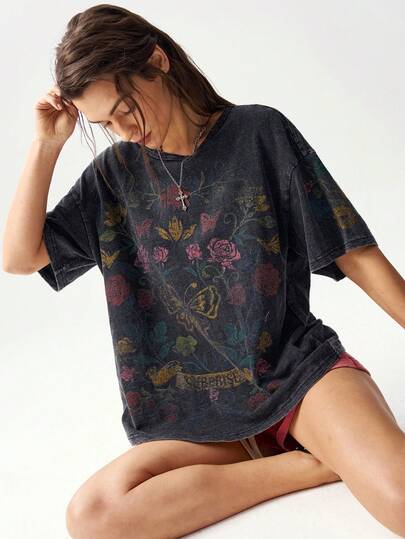 Bohemela Áo thun nữ cổ tròn tay ngắn, màu trơn, dáng rộng, chất liệu dệt kim, kiểu dáng thường ngày.