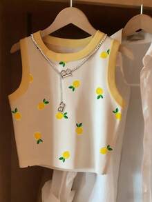 SHEIN LUNE Tank Top Kasual Serbaguna Wanita Motif Lemon dengan Kerah Bulat - MultiWarna - View 3