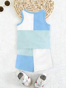 SHEIN Playful Pals 2pcs Baby Boy Casual Colorblock Patchwork "MAMA'S BOY" Letter Print Tank Top And Shorts Set, Suitable For Spring To Summer Outfits - Multicolor - View 2