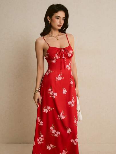 Poéselle Women's Red Floral Spaghetti-Strap Maxi Dress – Tie-Front Sweetheart Neckline With Smocked Back, Perfect For Summer & Vacations Floral Maxi Dress Red Summer Dress Spaghetti Strap Dress Tie Front Dress Smocked Back Dress Wedding Guest Outfit Beach Vacation Dress Romantic Floral Gown Fashion Resort Printed Spaghetti Strap Dress Easter Dress Women Easter Outfits Festival Outfits Wedding Guest Dress For Women Graduation Dress Women Elegant Dresses Country Concert Outfit Floral Dress Red Dress