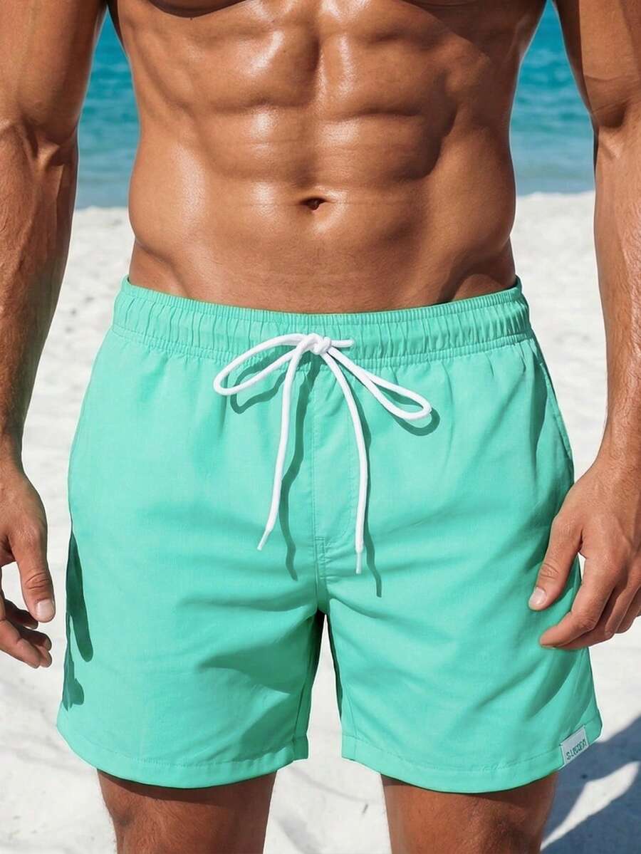 VIVINTIMO 男士纯色口袋抽绳腰沙滩短裤,适合夏季 - 薄荷綠 - 查看 1
