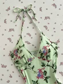 Elamini 女士波西米亚风V领碎花收腰连衣裙 - 綠色 - 查看 3