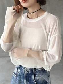FRIFUL 女士宽松圆领超大款落肩网纱拼接透视薄款T恤 - 米色 - 查看 7