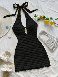 Soleia Đầm mini hở lưng cổ yếm màu đỏ sọc dệt kim mới cho kỳ nghỉ - màu đen - Xem 1