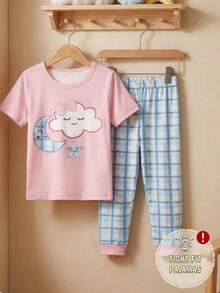 SHEIN 女童修身睡衣套裝，粉色夏季夜間睡衣，可愛雲朵、星星、月亮格紋印花短袖上衣與內搭褲 2件組 - 彩色 - 查看 3