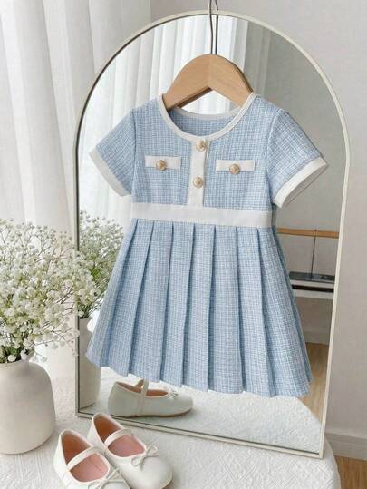 Souflis Souflis 女婴优雅撞色滚边纽扣装饰短袖连衣裙，夏季