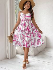 Ceyna Plus Size Spaghetti Strap Feather Print Button Dress - Multicolor - View 4