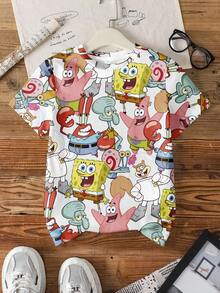 SpongeBob SquarePants | SHEIN Tween Boys Crew Neck Short Sleeve Cute Cartoon Print Casual Versatile T-Shirt, All-Over Print - White - View 1