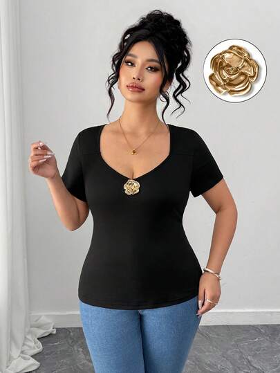 Elenzga Áo kiểu nữ cỡ lớn, màu trơn, trang trí kim loại, ôm dáng, tay ngắn, thích hợp mặc hàng ngày.