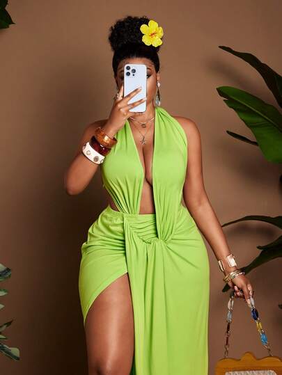 Maweii Vestido ajustado con escote halter y espalda descubierta, de talla grande, elegante y encantador