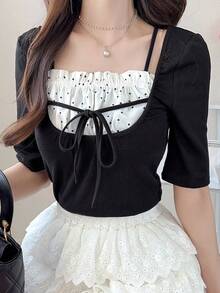 FRIFUL 2 en 1 T-shirt d'été mignon et polyvalent avec taille élastique à cordon de serrage, couleurs contrastées et plis plissés - Noir - Voir 6