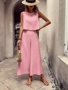 Zayélia Women's Solid Color Round Neck Top And Wide Leg Pants Casual 2 Pieces Set - Pink - View 3